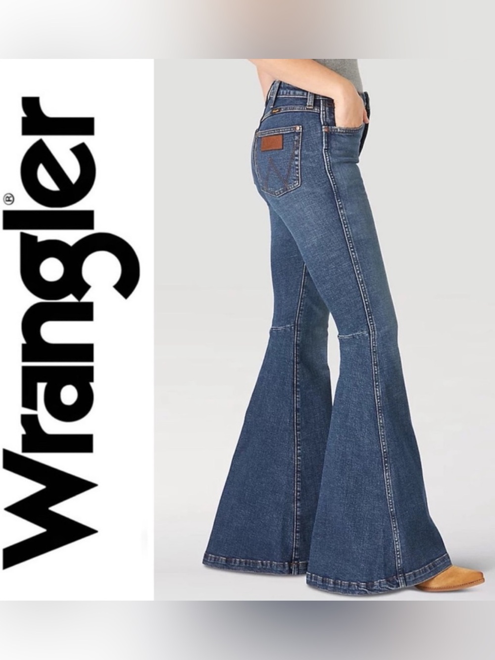 WRANGLER Trumpet Flare Retro Jeans High Rise Blue Denim Pockets Logo Bell Bottom